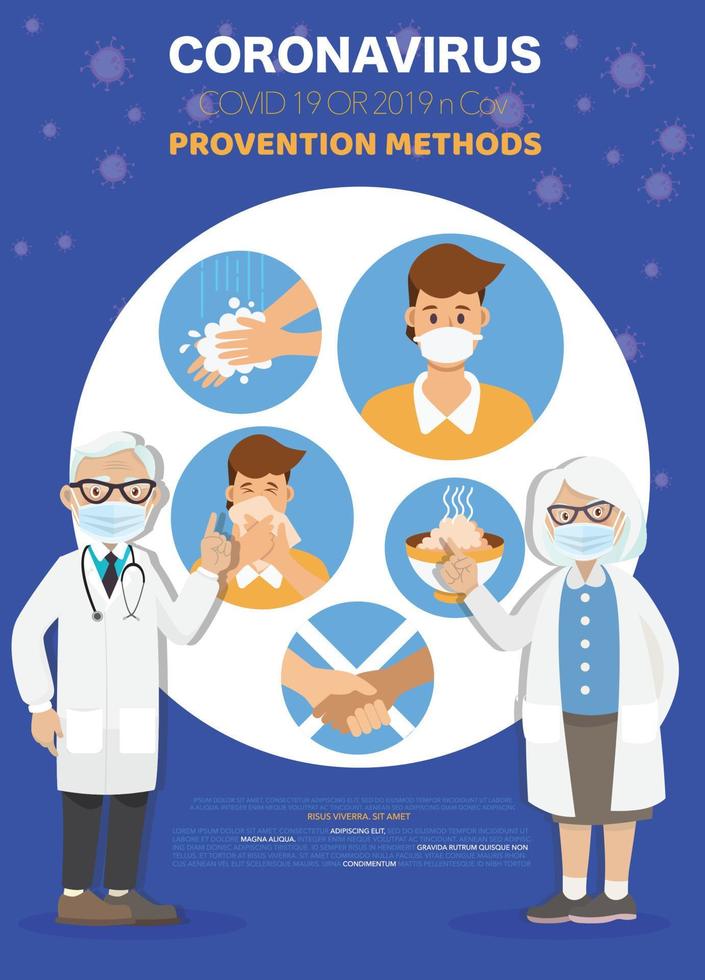 elementi infografici, uomo e donna indossano una maschera medica, l'essere umano mostra sintomi e fattori di rischio del coronavirus. vettore