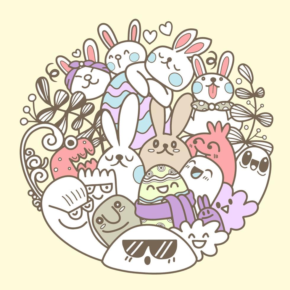 vettore di Pasqua con simpatici coniglietti, fiori e uova. design in cerchio, elementi e segni in stile cartone animato. illustrazione vettoriale.