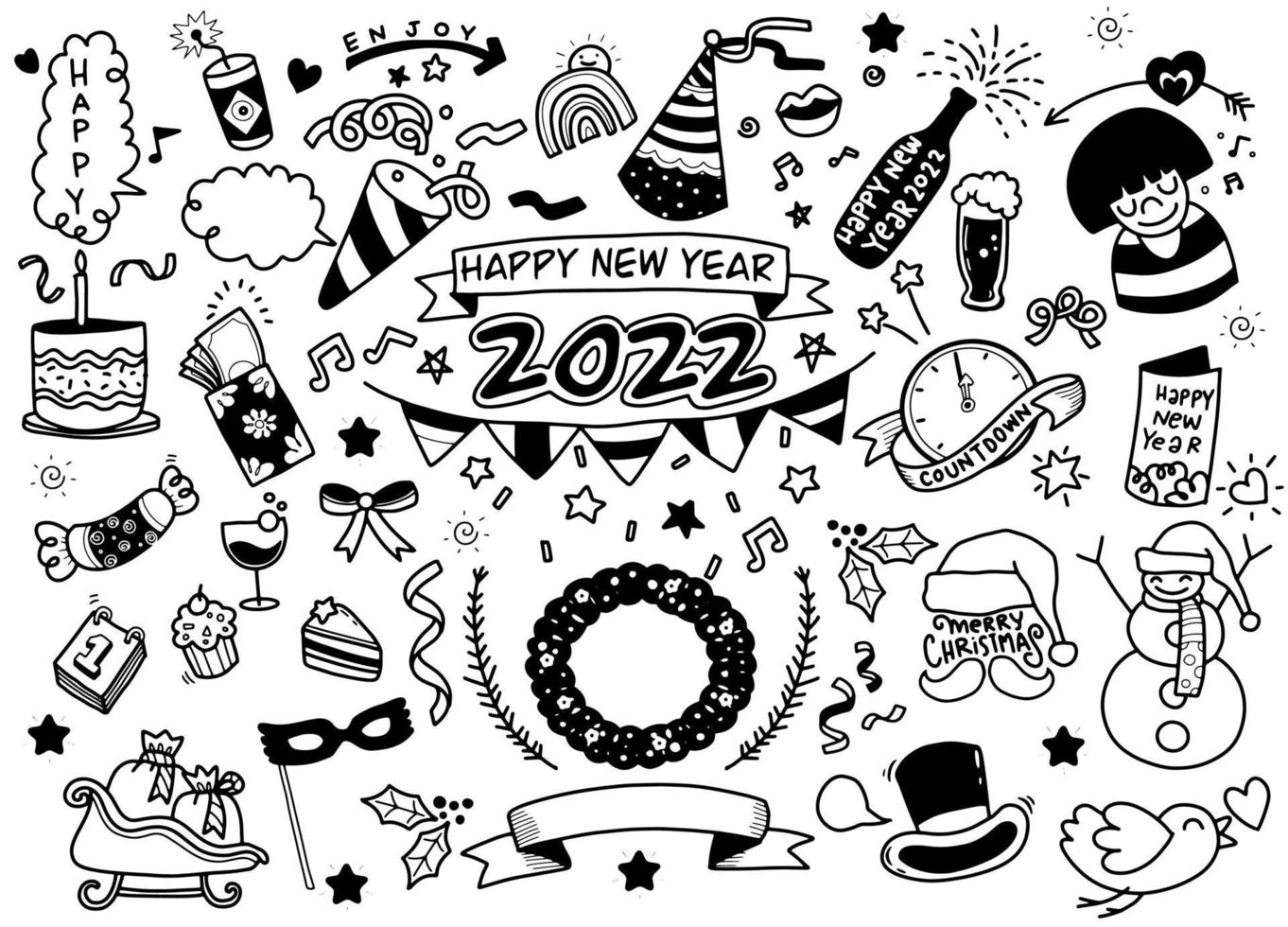 collezione di elementi di natale disegnati a mano, capodanno festivo, simpatici scarabocchi per la decorazione su sfondo bianco, doodle divertente disegnato a mano, pagina per la colorazione. vettore