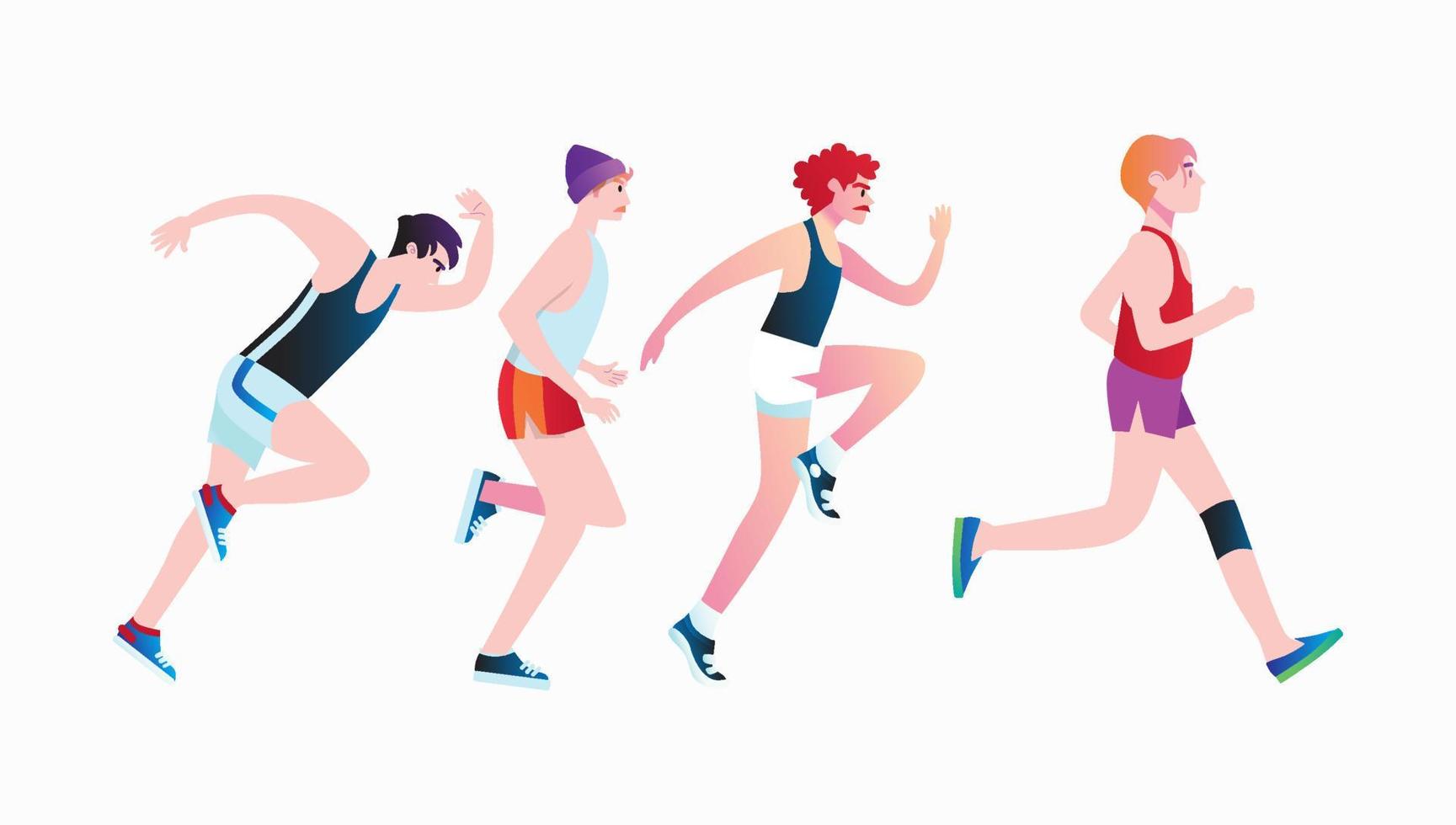 uomini vestiti con abiti sportivi che corrono la maratona. personaggi dei cartoni animati piatti isolati su sfondo. illustrazione vettoriale