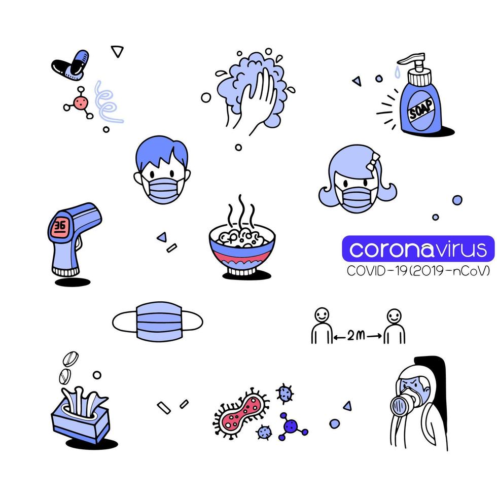 illustrazione vettoriale di doodle carino per covid-19, elemento doodle del virus corona per la progettazione infografica