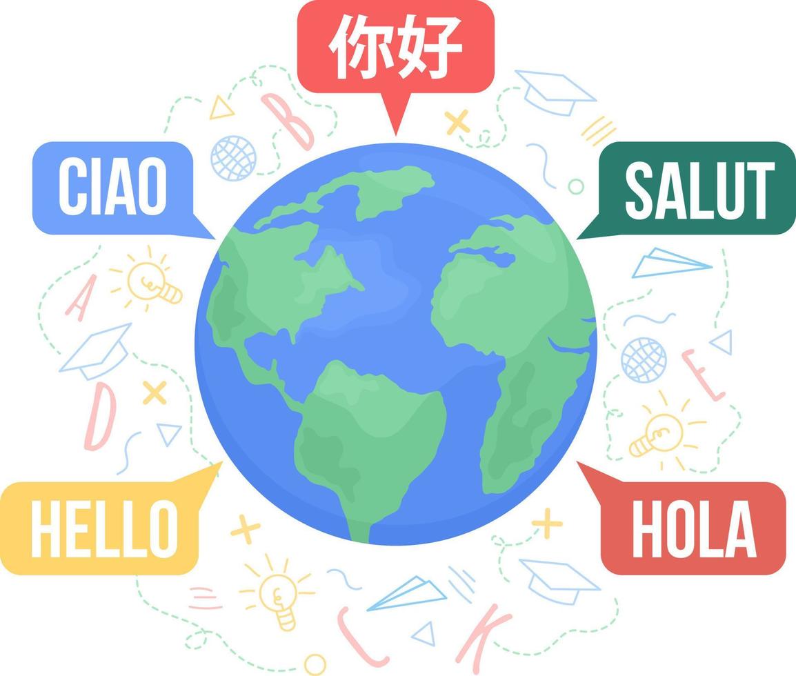 illustrazione isolata del vettore 2d del mondo multilingue