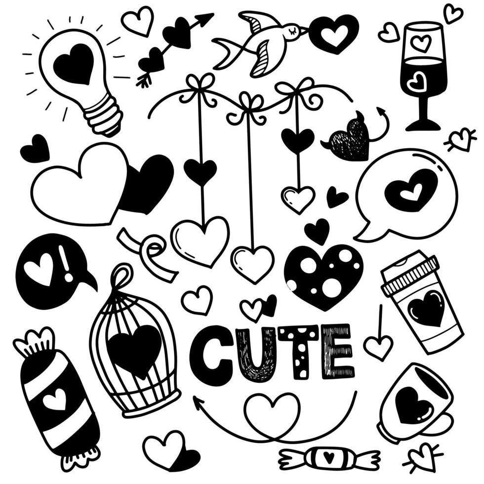 amore, illustrazione vettoriale di doodle carino per bambini, set disegnato a mano di simpatici scarabocchi per la decorazione su sfondo bianco, divertente doodle disegnato a mano, pagina per colorare.