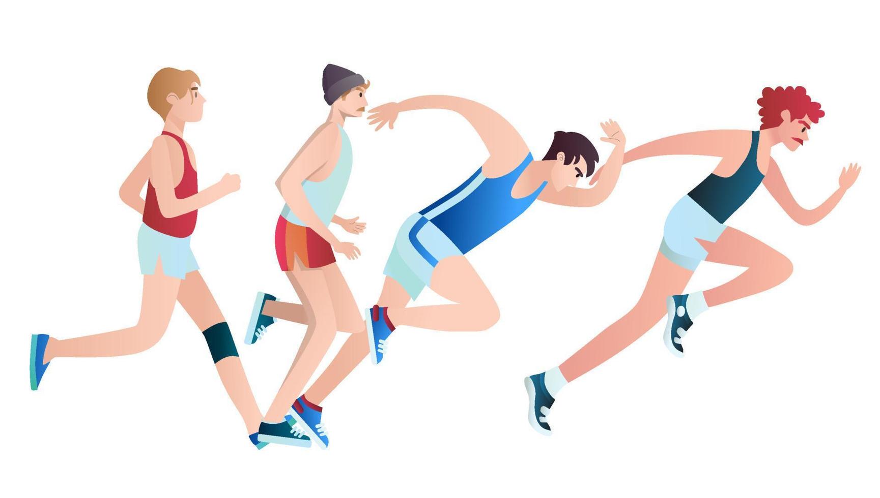uomini vestiti con abiti sportivi che corrono la maratona. personaggi dei cartoni animati piatti isolati su sfondo. illustrazione vettoriale