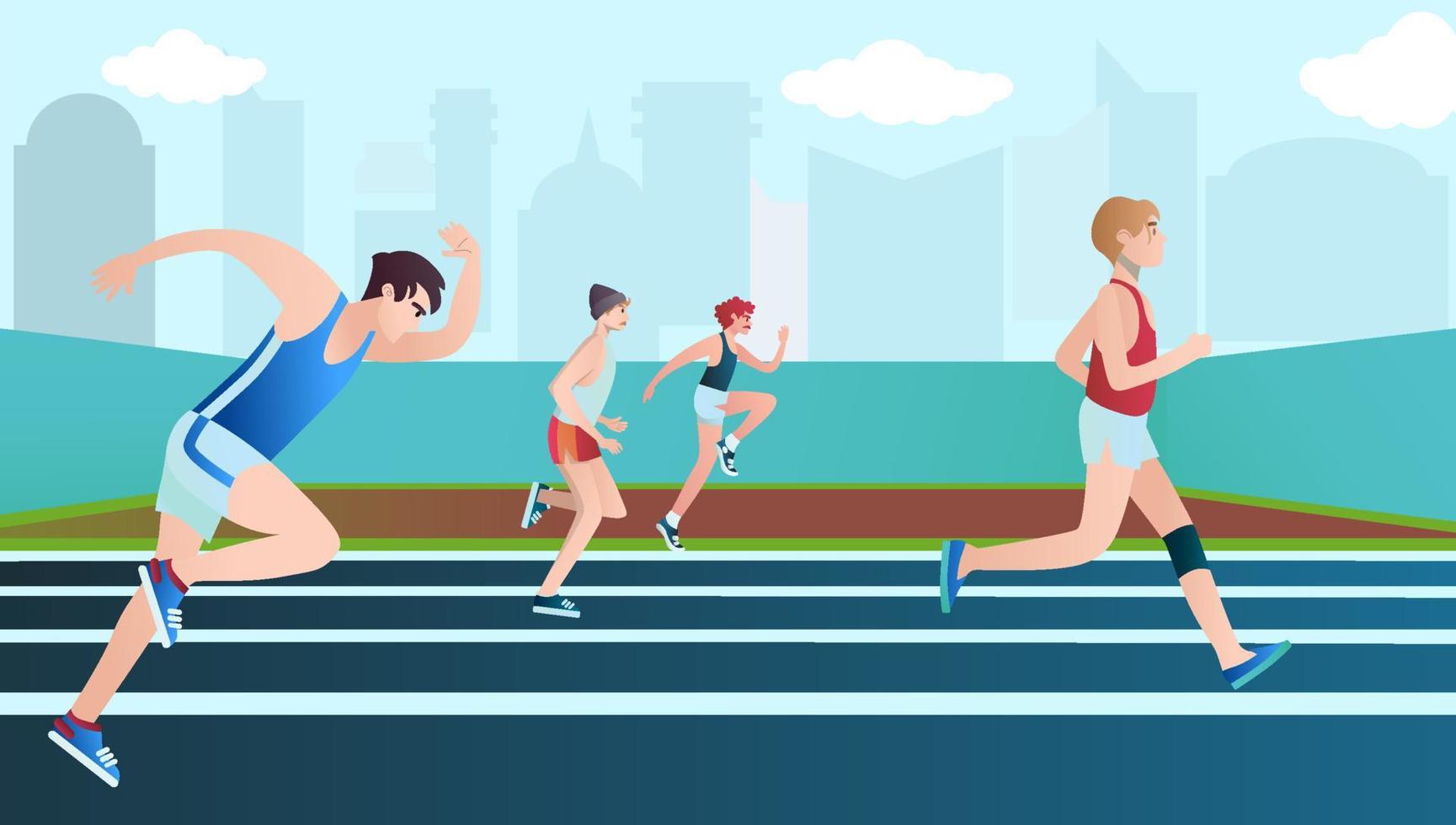 uomini vestiti con abiti sportivi che corrono la maratona. personaggi dei cartoni animati piatti isolati su sfondo. illustrazione vettoriale