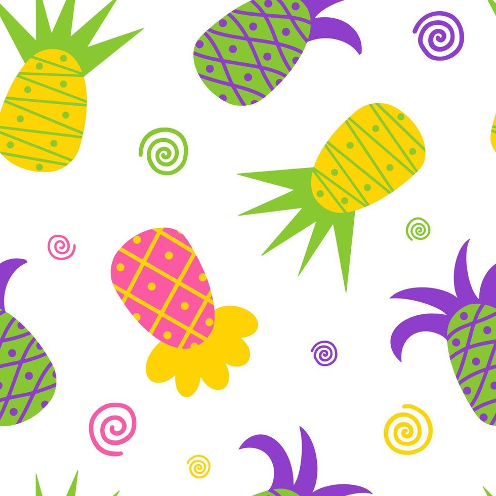 ananas luminosi vector seamless con ornamento. frutti tropicali colorati su sfondo bianco. stile piatto