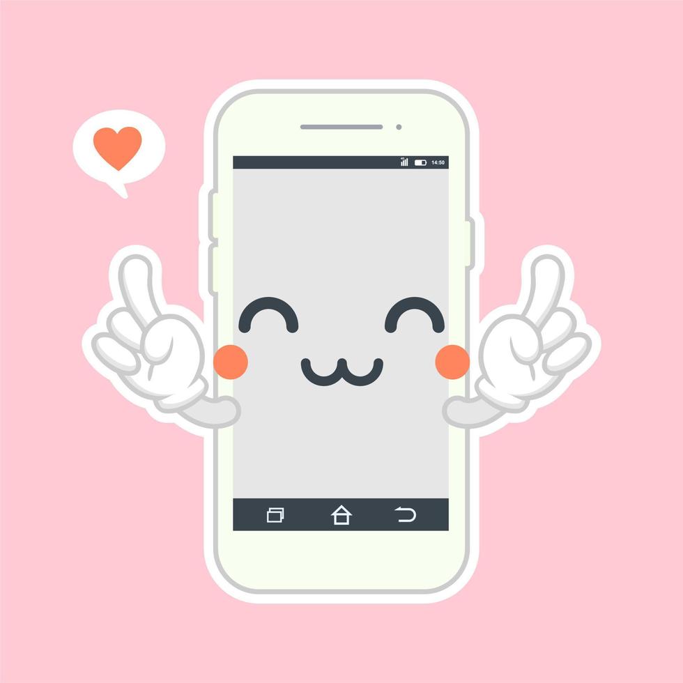 design piatto per smartphone carino e kawaii, personaggio dei cartoni animati del telefono cellulare. icona dell'illustrazione del carattere kawaii del fumetto della linea piatta vettoriale. telefono cellulare, smartphone con il concetto di app per la faccia del personaggio vettore