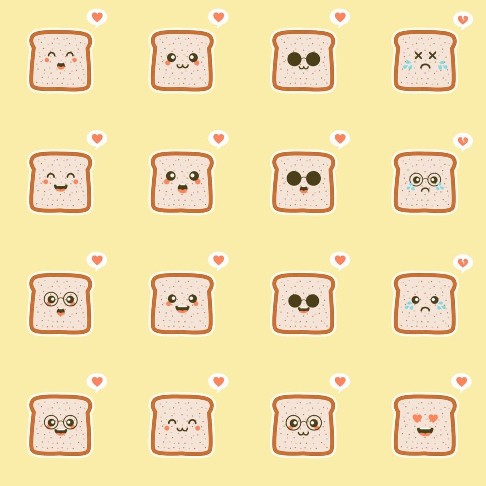 fetta di pane toast personaggio mascotte cartone animato cartone animato divertente con emozioni sul viso kawaii. illustrazione vettoriale design piatto