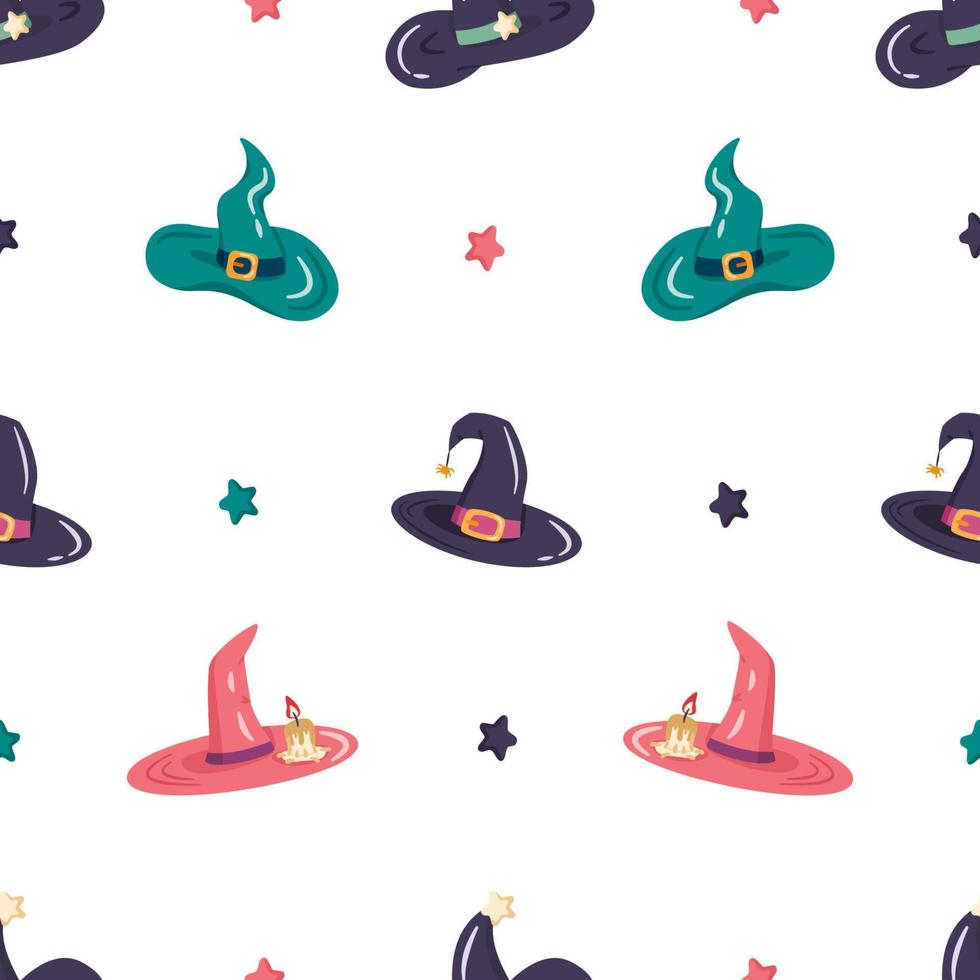 Cartoon streghe e maghi cappelli vector seamless pattern. elementi decorativi per la festa di halloween con diversi accessori. cappucci magici per il design delle vacanze.