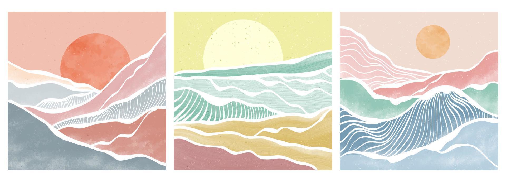 montagna e onda dell'oceano sul set. sfondi astratti contemporanei estetici paesaggi. illustrazioni vettoriali