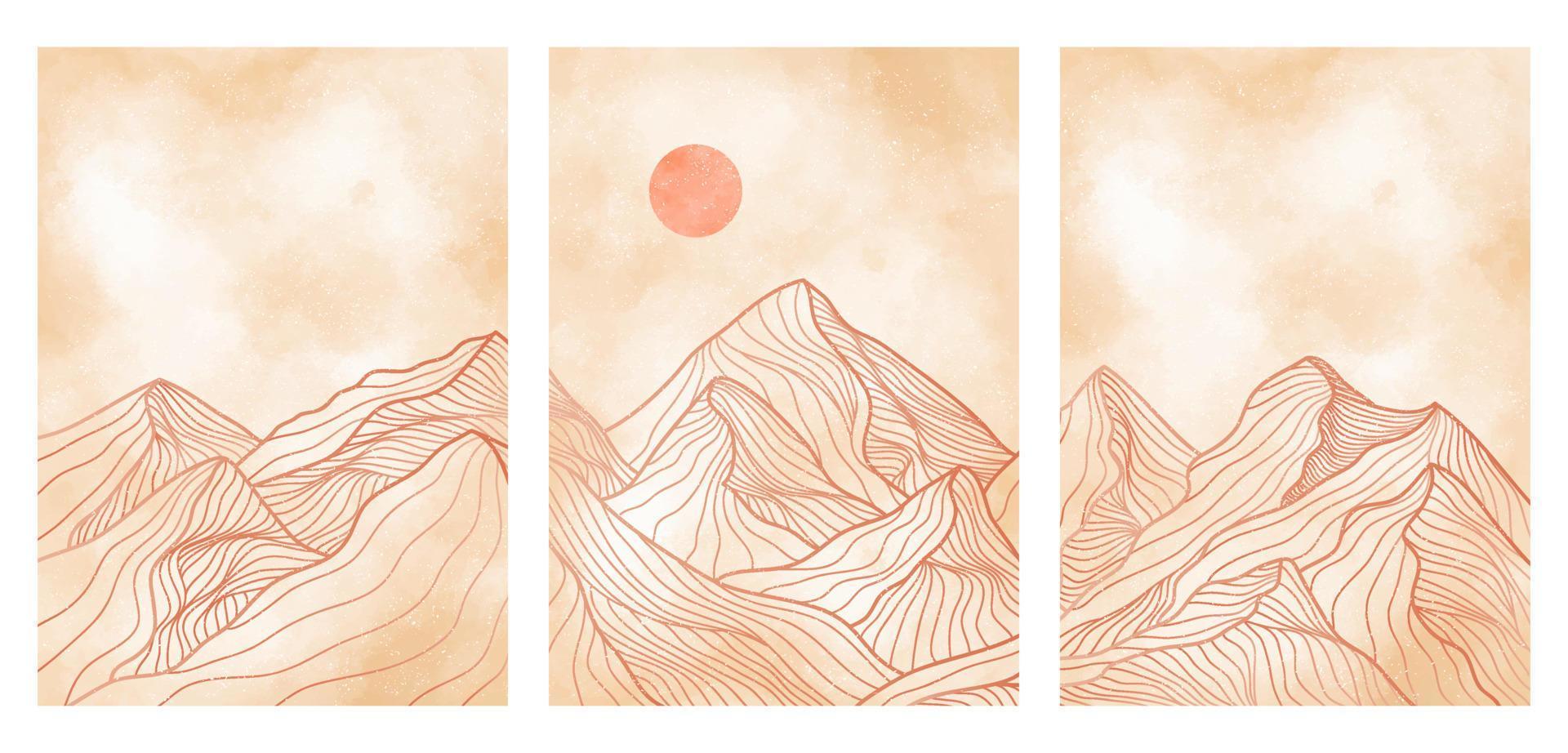 arte della linea di montagna sul set, sfondi estetici contemporanei di montagna astratti paesaggi. utilizzare per stampa artistica, copertina, sfondo invito, tessuto. illustrazione vettoriale