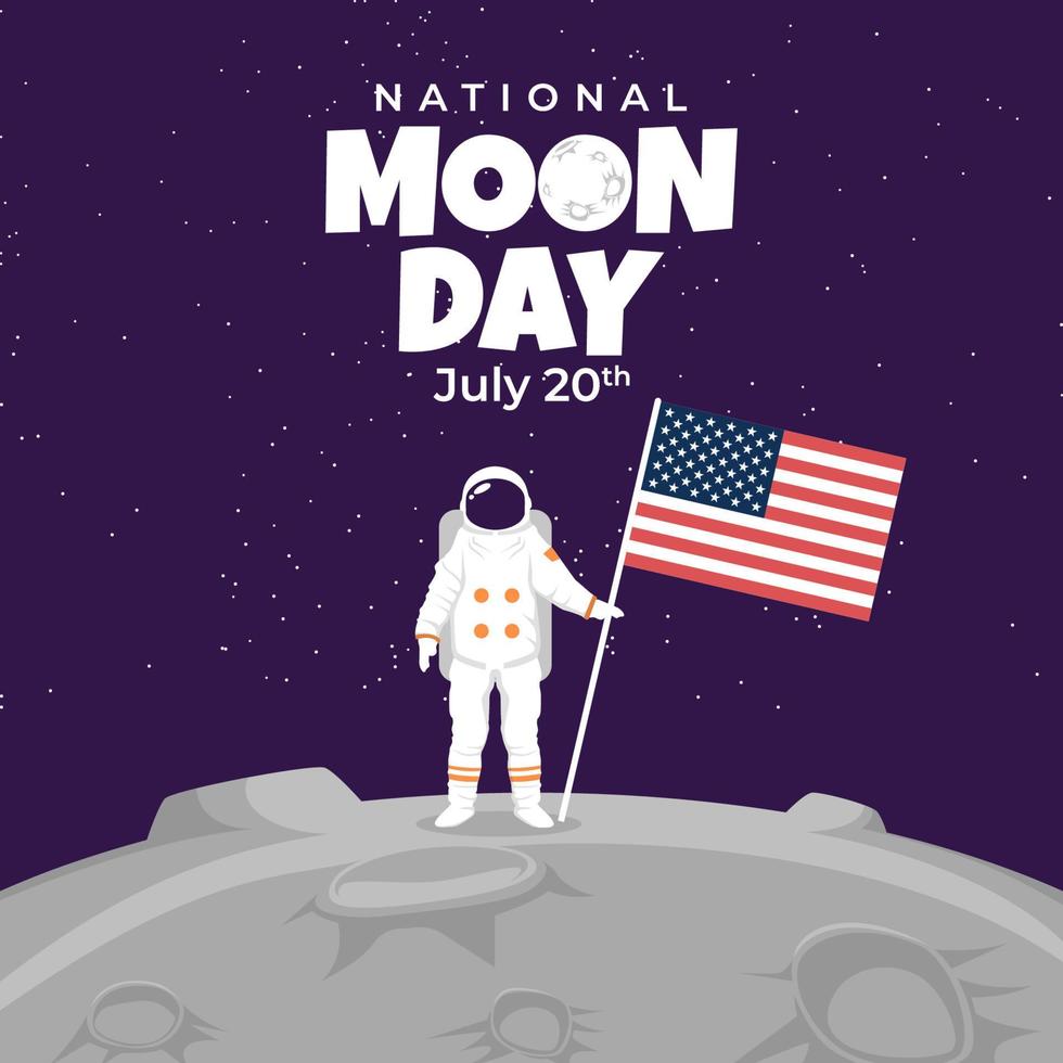 giornata nazionale della luna con l'astronauta sulla superficie della luna vettore