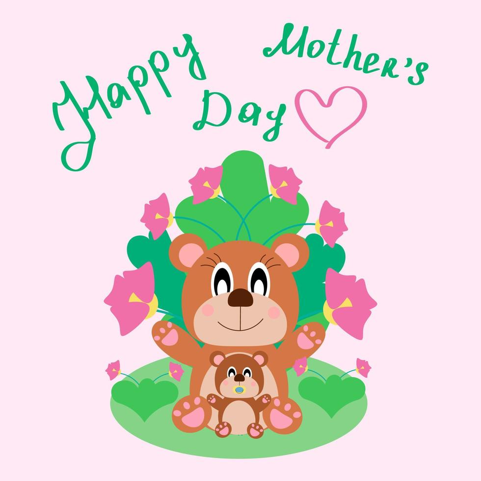 biglietto per la festa della mamma simpatico cartone animato. in stile bambini con orsi. illustrazione piatta vettoriale su sfondo rosa chiaro.
