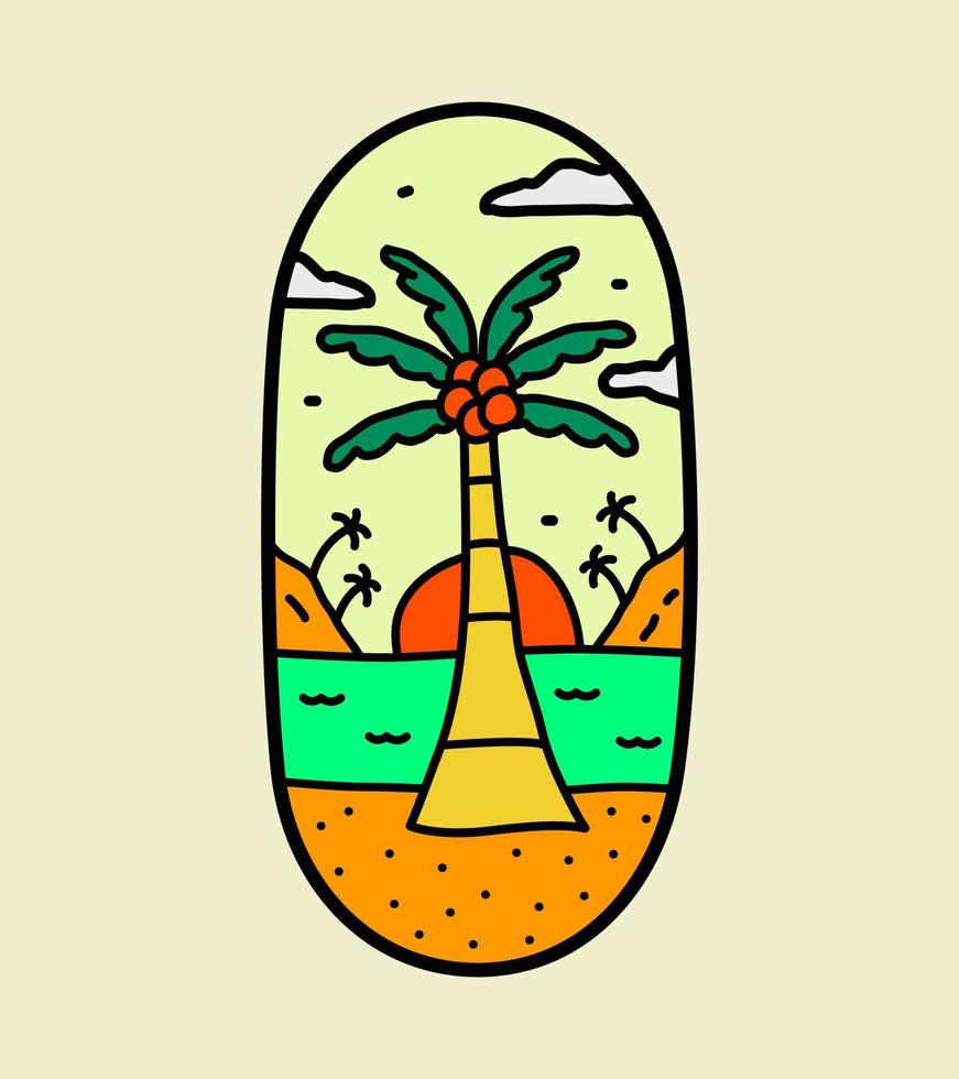 vista della spiaggia estiva, dell'albero di cocco e del tramonto. design per t-shirt, badge, adesivi, ecc vettore