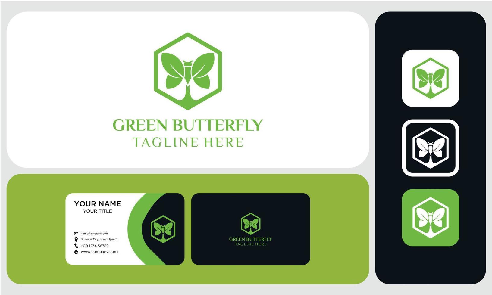 pacchetto di biglietti da visita e design del logo. illustrazione vettoriale di una foglia di ala di farfalla. modello di logo di assistenza sanitaria, bellezza, cibo domestico o naturale.