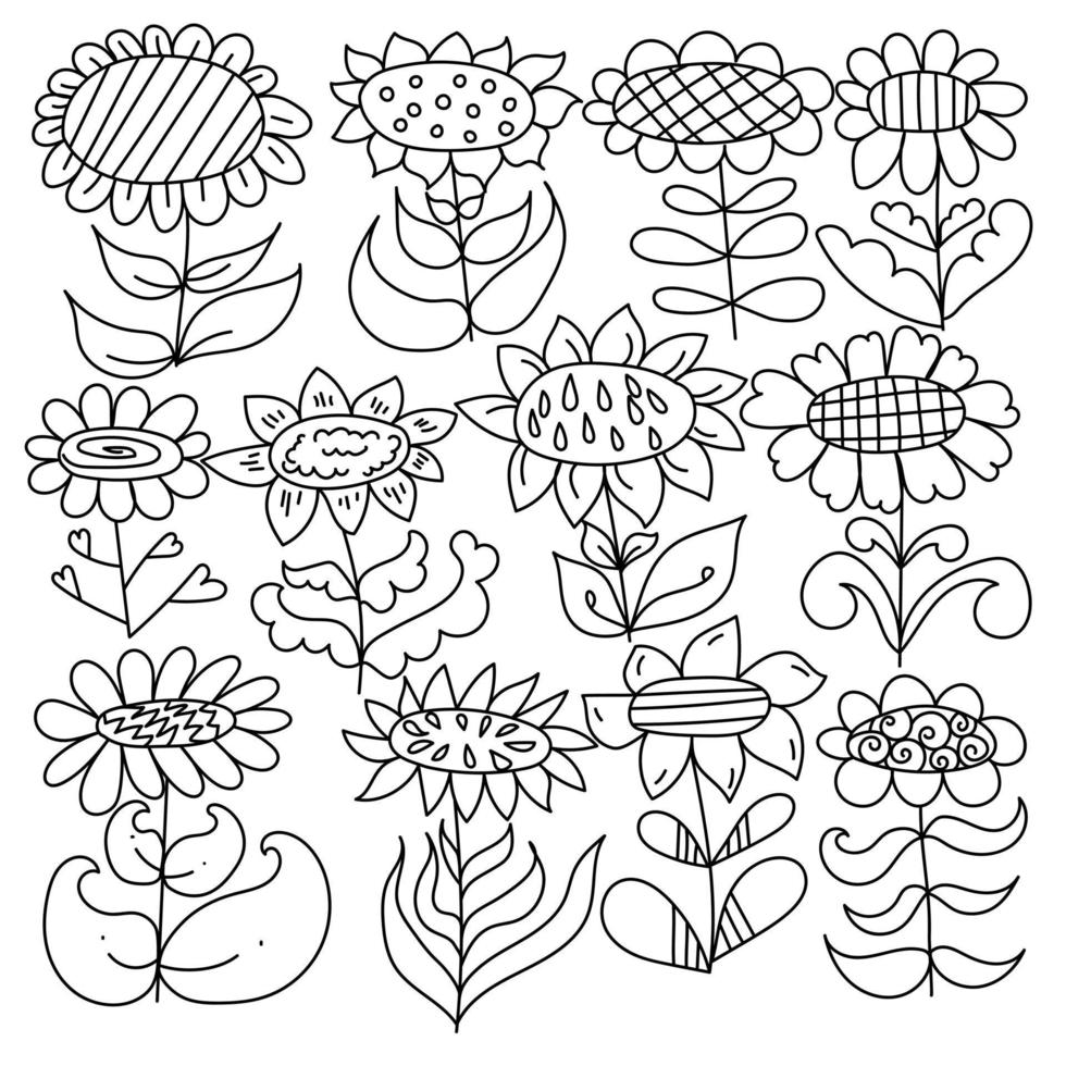 set di girasoli doodle con strisce, cellule e vari elementi decorativi vettore