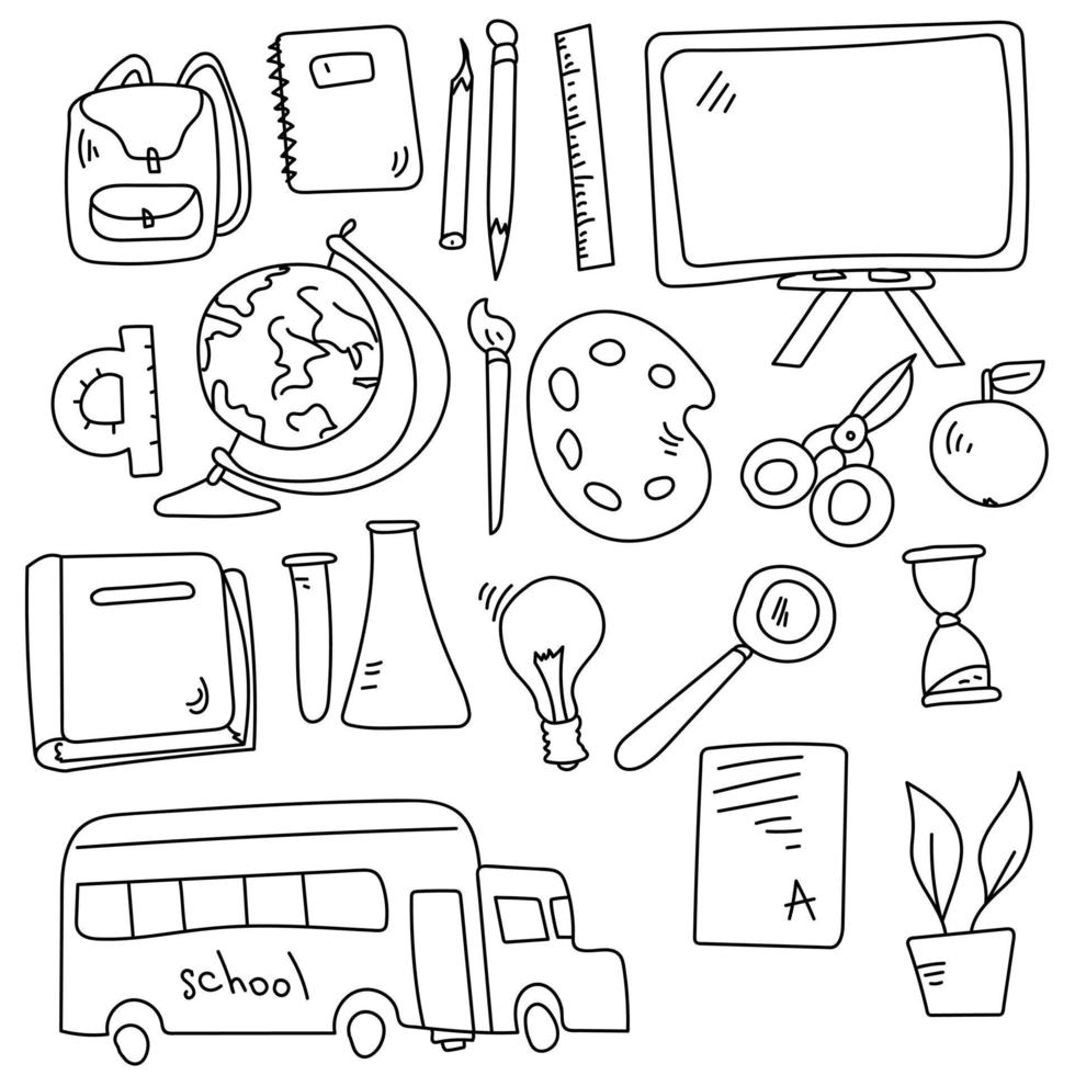 set di scarabocchi scolastici, contorni di vari attributi scolastici ed educativi, pagina da colorare sul tema dell'apprendimento vettore