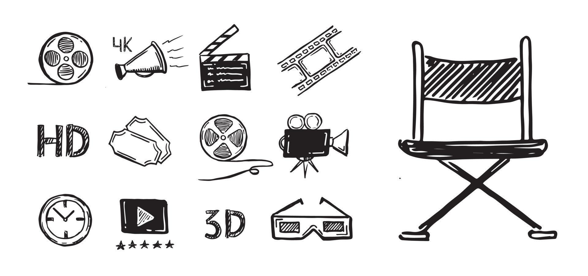 set di simboli decorativi cinematografici, stile doodle, vettore disegnato a mano.