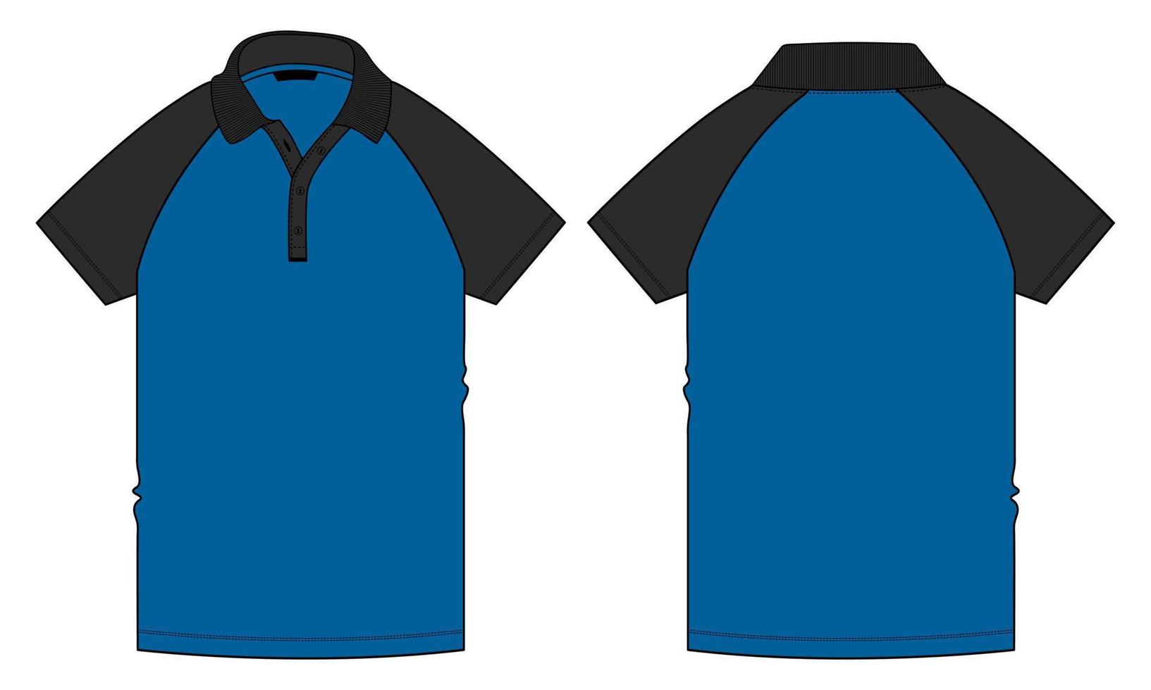 bicolore nero e blu colore raglan polo manica corta moda tecnica schizzo piatto illustrazione vettoriale modello viste anteriore e posteriore isolate su sfondo bianco.