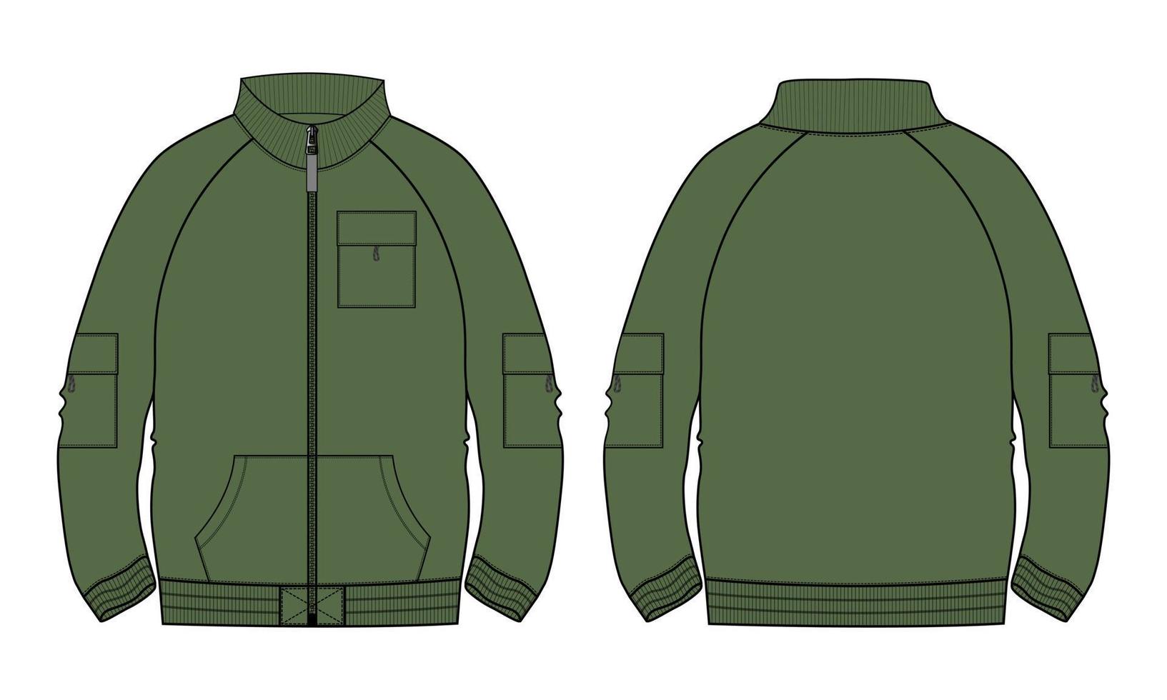 giacca a maniche lunghe tecnica moda schizzo piatto illustrazione vettoriale modello colore verde viste anteriore e posteriore.