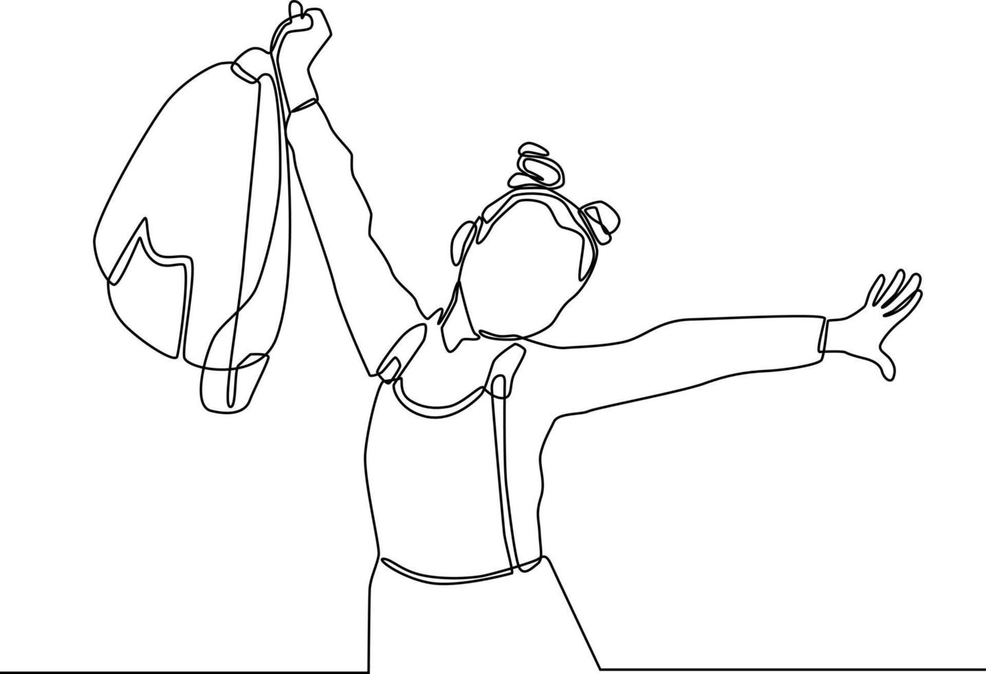 disegno a linea continua singola di una studentessa felice e alza le mani con la borsa. fine della scuola. concetto di istruzione un'illustrazione grafica vettoriale di disegno di una linea.