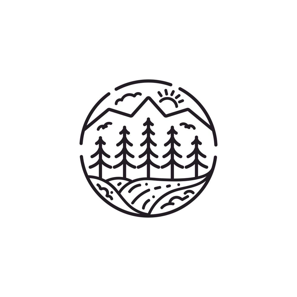 foresta di pini sempreverdi e fiume torrente per il design del logo hipster vintage di avventura del campo vettore