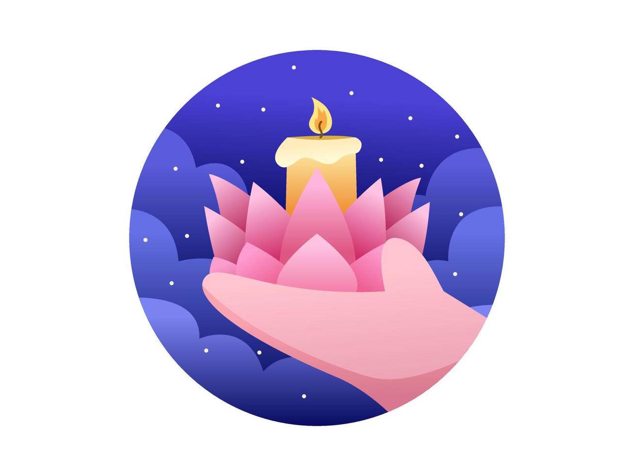 illustrazione di vesak con la mano che tiene il fiore di loto rosa con la candela di notte. può essere utilizzato per biglietti di auguri, cartoline, poster, banner, web, ecc vettore