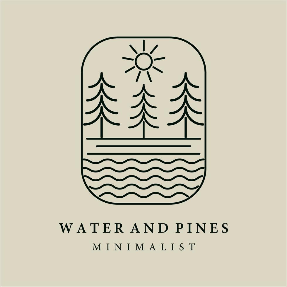 disegno dell'illustrazione del logo vettoriale minimalista della linea di acqua e pini