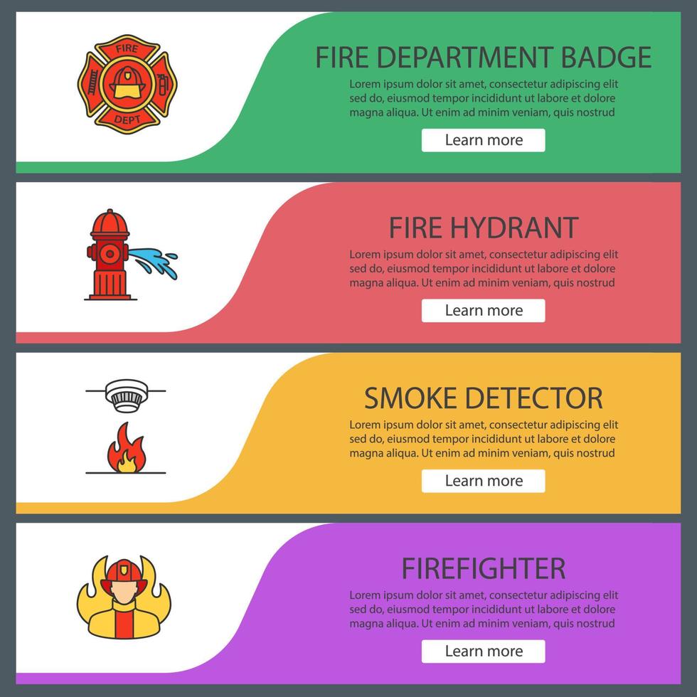 set di modelli di banner web antincendio. distintivo del vigile del fuoco, idrante antincendio, rilevatore di fumo, vigile del fuoco. voci di menu a colori del sito Web. concetti di progettazione di intestazioni vettoriali