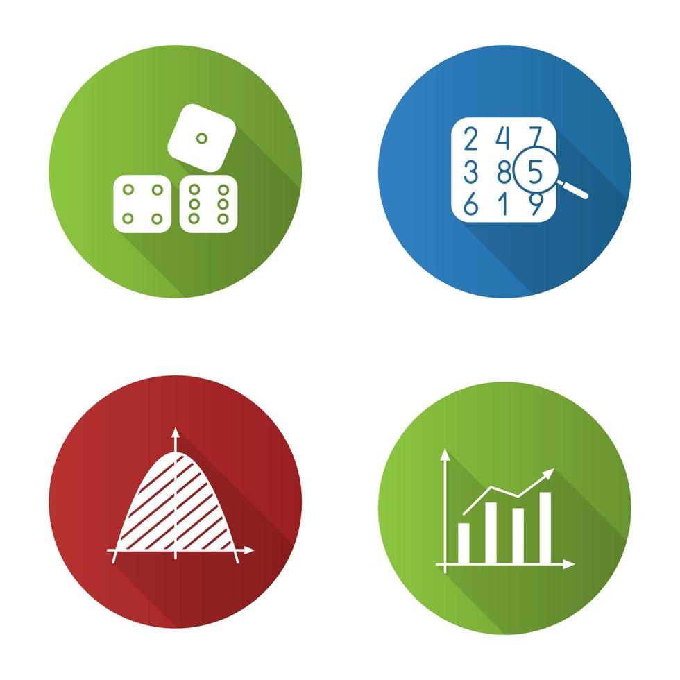 matematica design piatto lunga ombra glifo icone impostate. teoria dei numeri, statistica, sistema di coordinate, dadi. illustrazione della siluetta di vettore