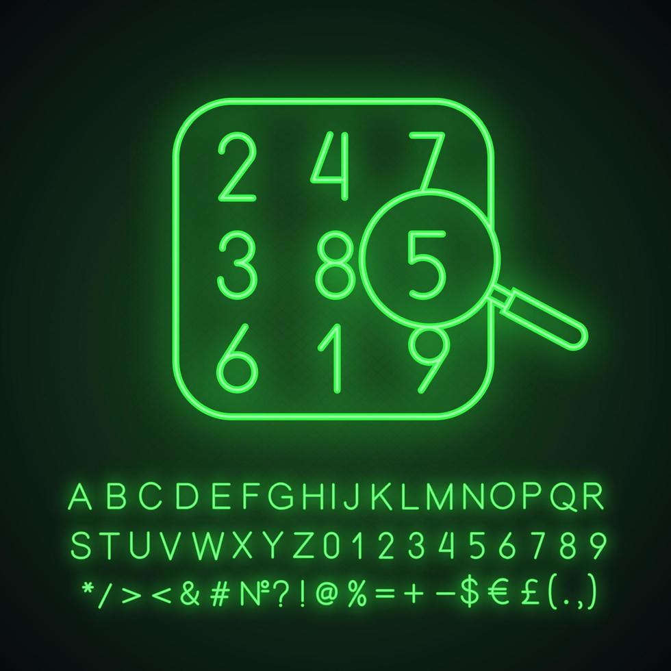icona della luce al neon della teoria dei numeri. aritmetica. numero di apprendimento e conteggio. segno luminoso con alfabeto, numeri e simboli. illustrazione vettoriale isolato