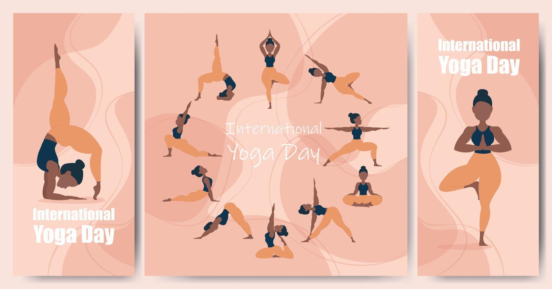 21 giugno - illustrazione della giornata internazionale dello yoga. striscione. illustrazione vettoriale esercizi di yoga. sagome di donne impostate. yoga in studio