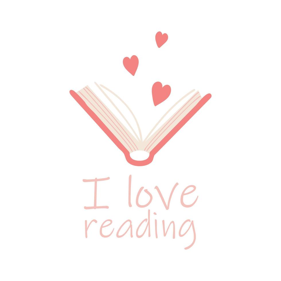 mi piace leggere. segni del cuore e doodle elementi in stile libro aperto. illustrazione vettoriale piatta isolata su sfondo bianco. fan della letteratura, concetto di lettura di libri per cartolina.