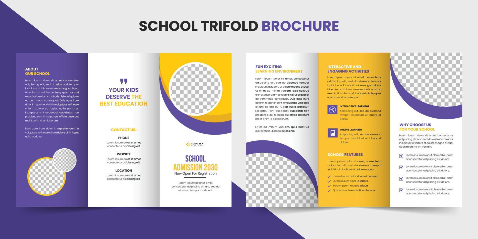 modello di brochure a tre ante per l'ammissione alla scuola per bambini o design di brochure per l'istruzione vettore