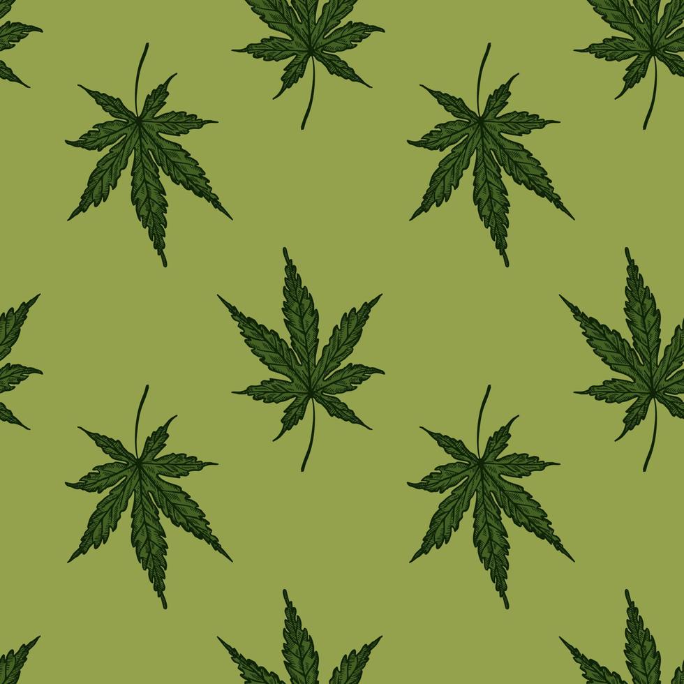 lascia il modello senza cuciture inciso di cannabis. sfondo retrò botanico con foglia di marijuana in stile disegnato a mano. vettore