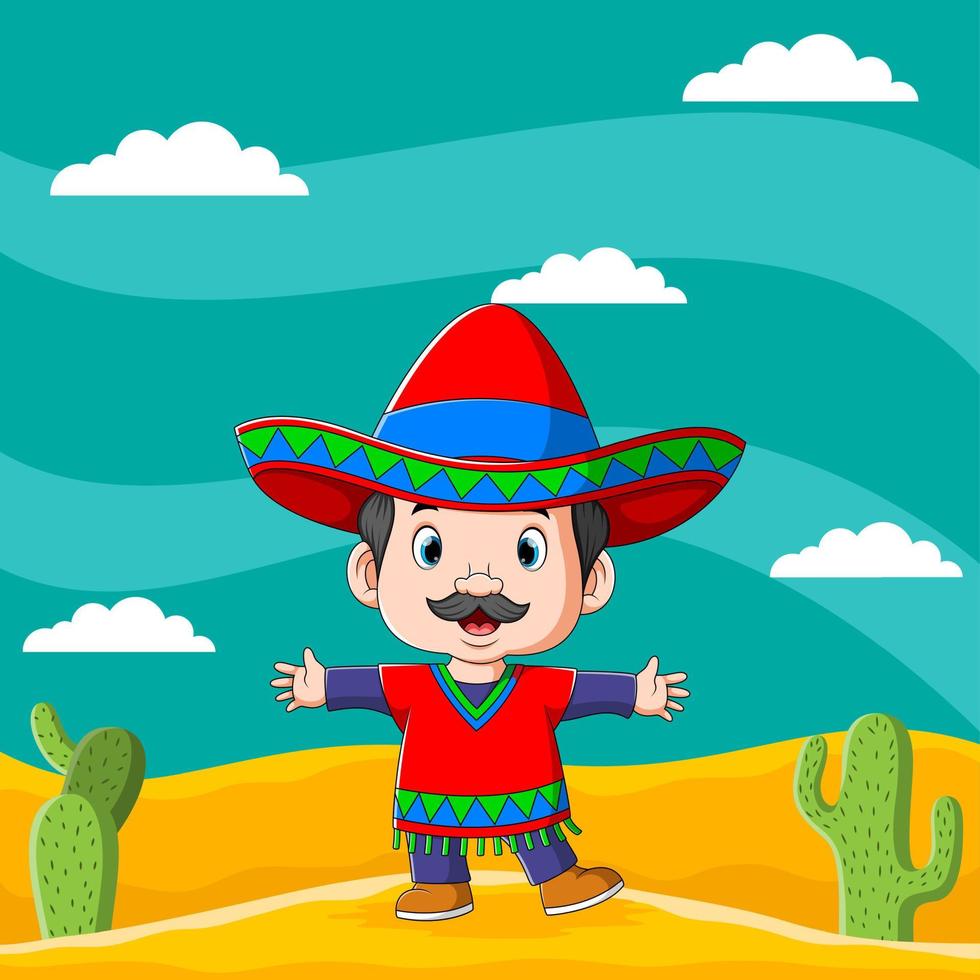 ragazzo messicano in piedi nel deserto con il cactus intorno a lui vettore