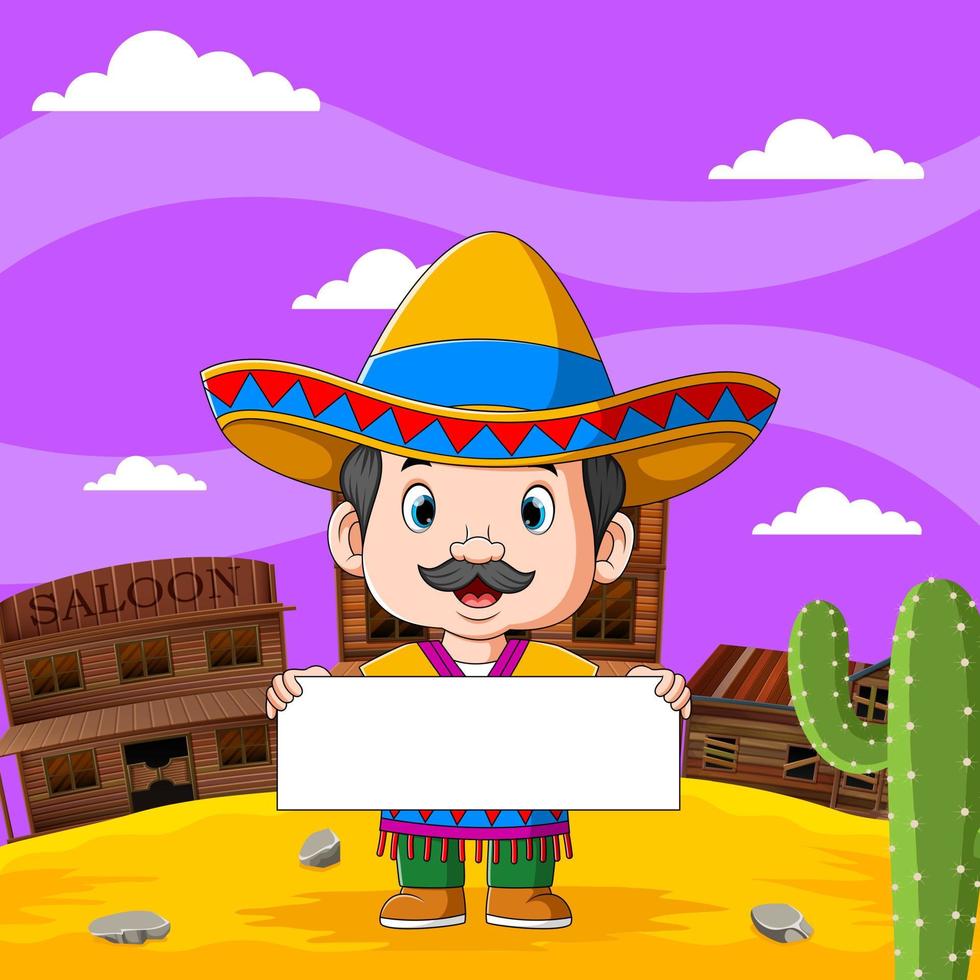 il ragazzo messicano tiene il tabellone bianco con la vista del deserto vettore