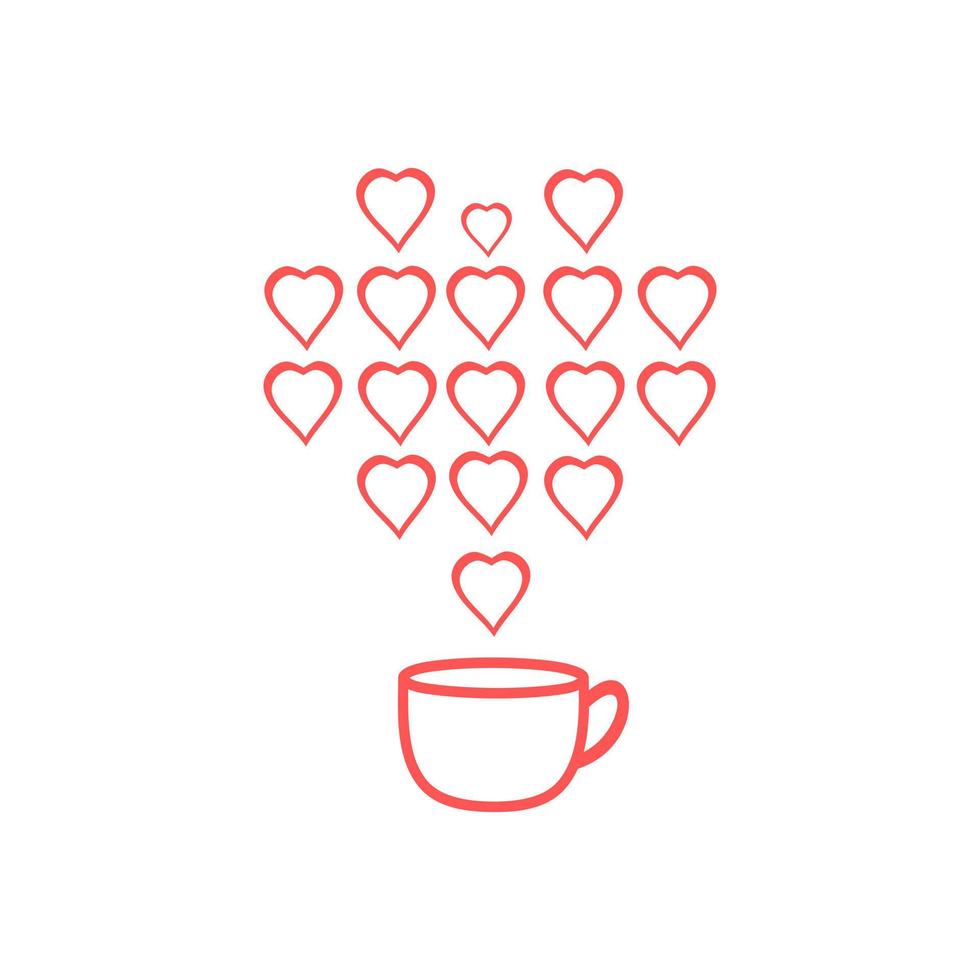 tazza di caffè tè caldo con cuori linea vapore icona rossa. vettore