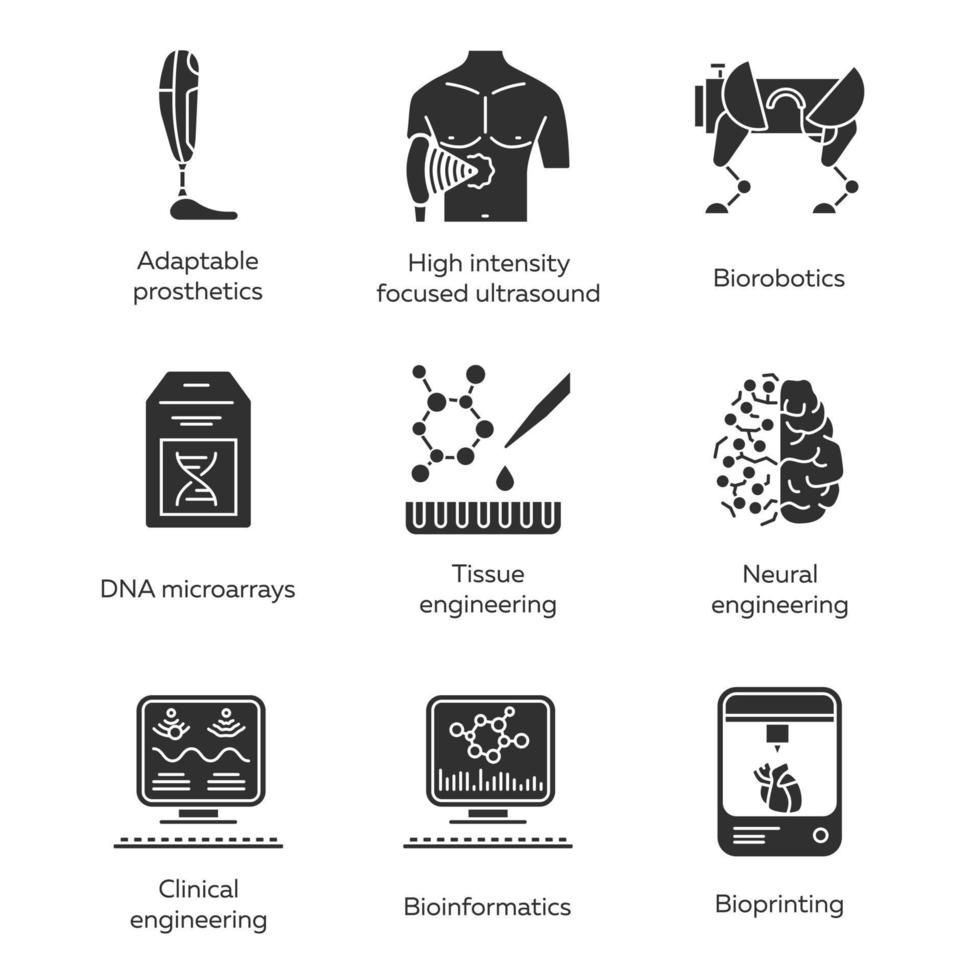 set di icone del glifo di bioingegneria. biotecnologie per la salute e il comfort dell'uomo. biologia molecolare, ingegneria biomedica e molecolare, bioinformatica. simboli di sagoma. illustrazione vettoriale isolato