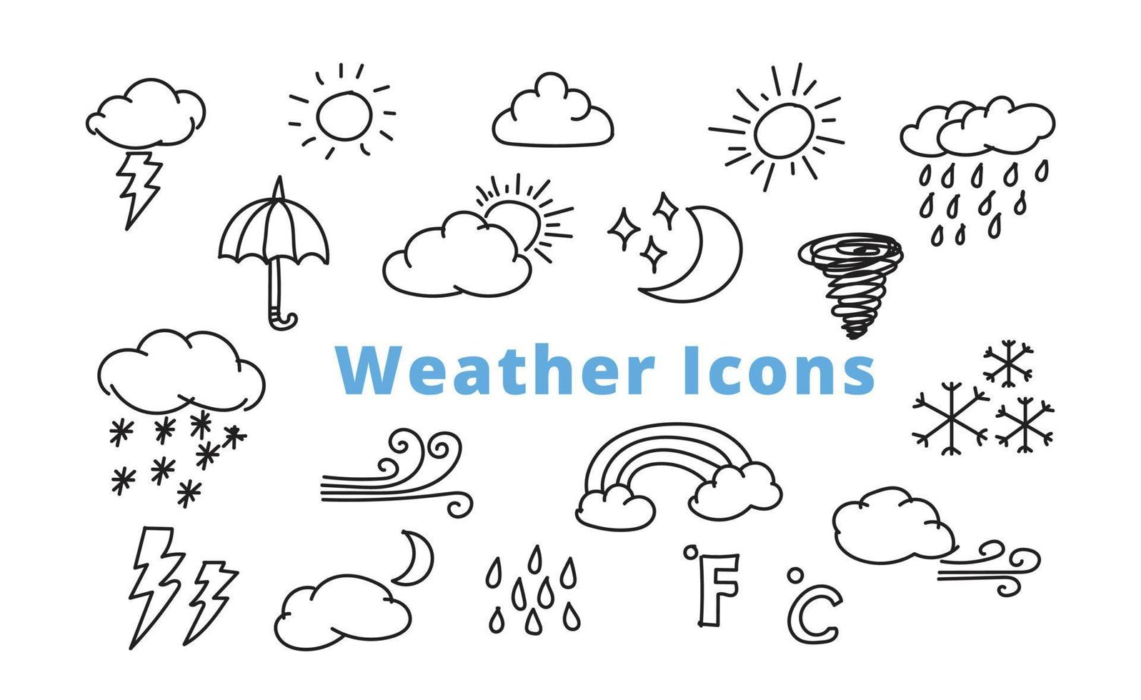 icone delle linee meteorologiche disegnate a mano, illustrazione vettoriale. vettore