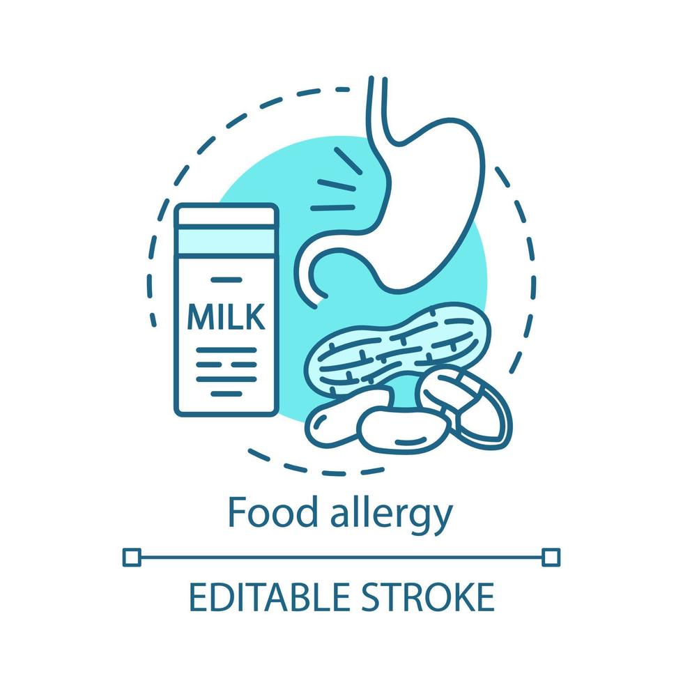 icona del concetto di allergia alimentare. reazione allergica alle proteine del latte, illustrazione della linea sottile dell'idea delle noci. intolleranza al lattosio. problemi di stomaco. allergeni alimentari. disegno di contorno isolato vettoriale. tratto modificabile vettore