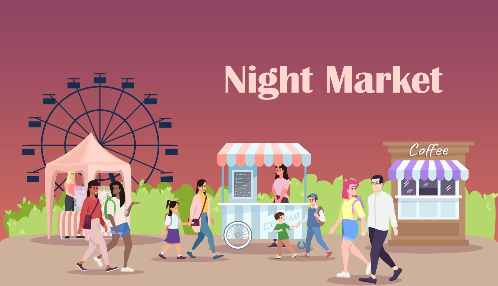 illustrazione vettoriale piatta del mercato notturno. design della bandiera della fiera estiva. fiera con bancarelle di street food. parco divertimenti, animazione attrazioni luna park. festa cittadina, pubblicità di carnevale....