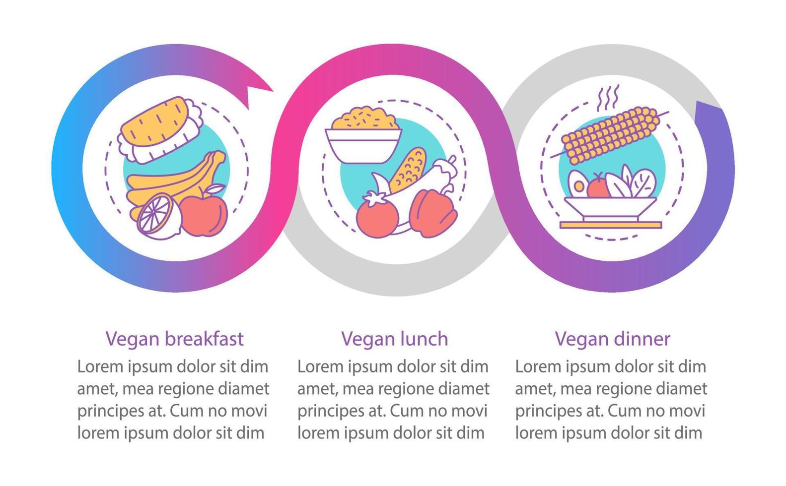 modello di infografica vettoriale menu vegetariano. elementi di design di presentazione aziendale. visualizzazione dei dati con tre passaggi e opzioni. grafico della sequenza temporale del processo. layout del flusso di lavoro con icone lineari