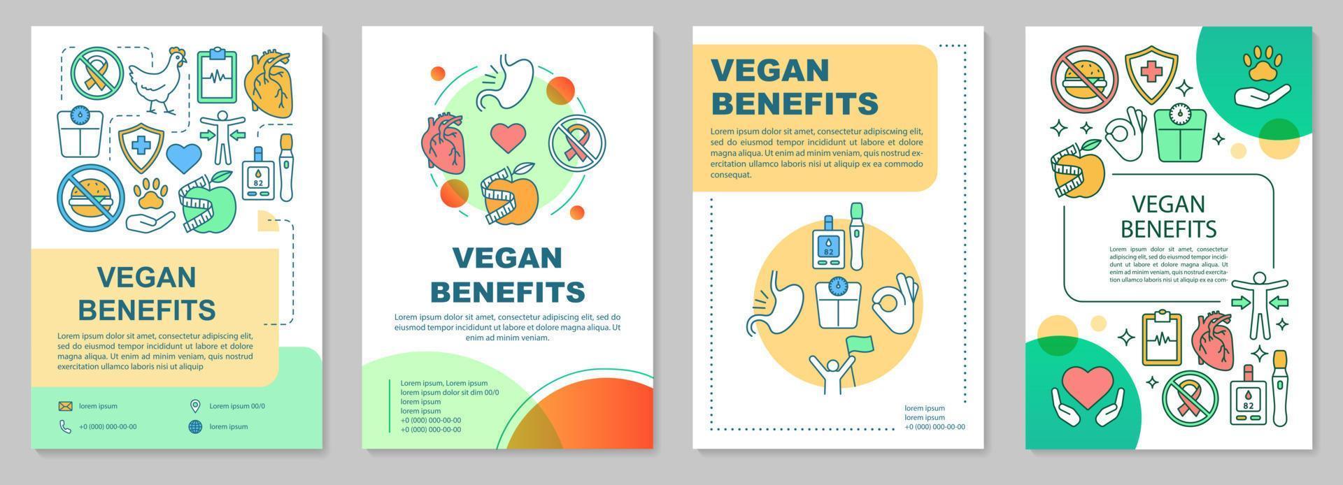 layout del modello di brochure sui vantaggi vegani. volantino dei vantaggi dello stile di vita vegetariano, design di stampa di opuscoli con illustrazioni lineari. layout di pagina vettoriali per riviste, relazioni annuali, manifesti pubblicitari