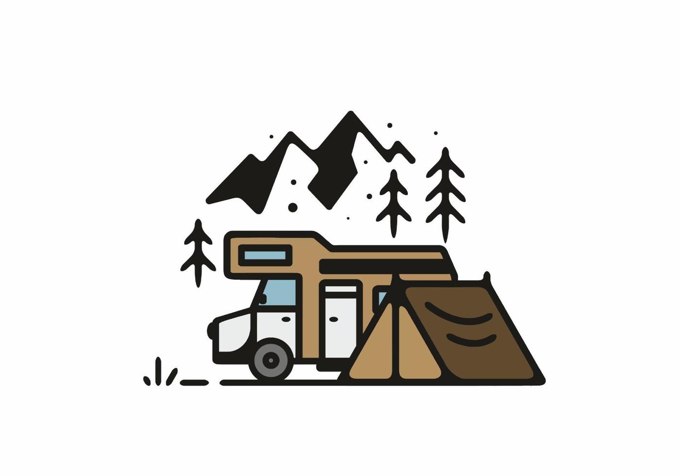 campeggio con illustrazione di arte al tratto di camper vettore