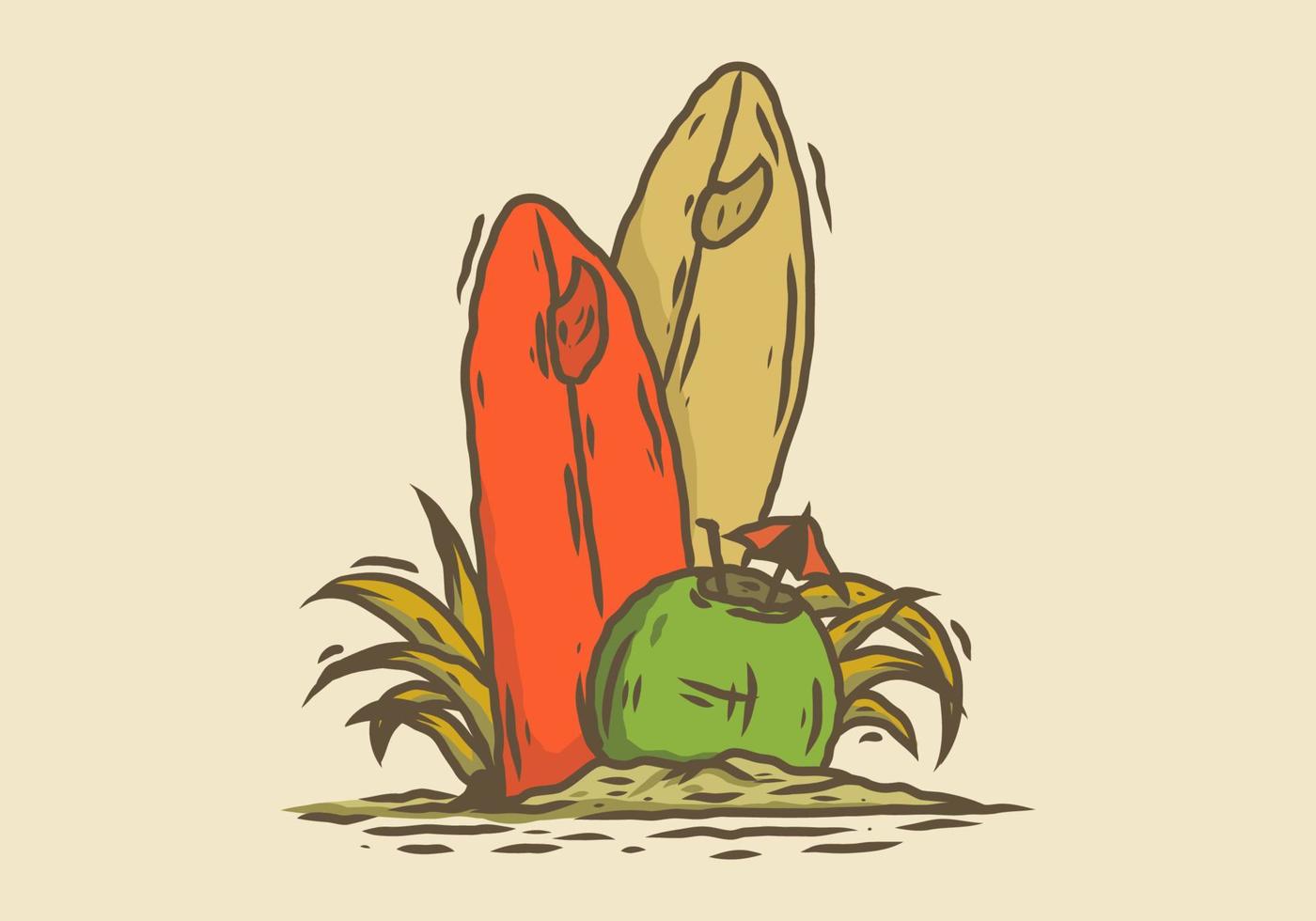 illustrazione d'epoca disegno di frutta di cocco e due tavole da surf vettore