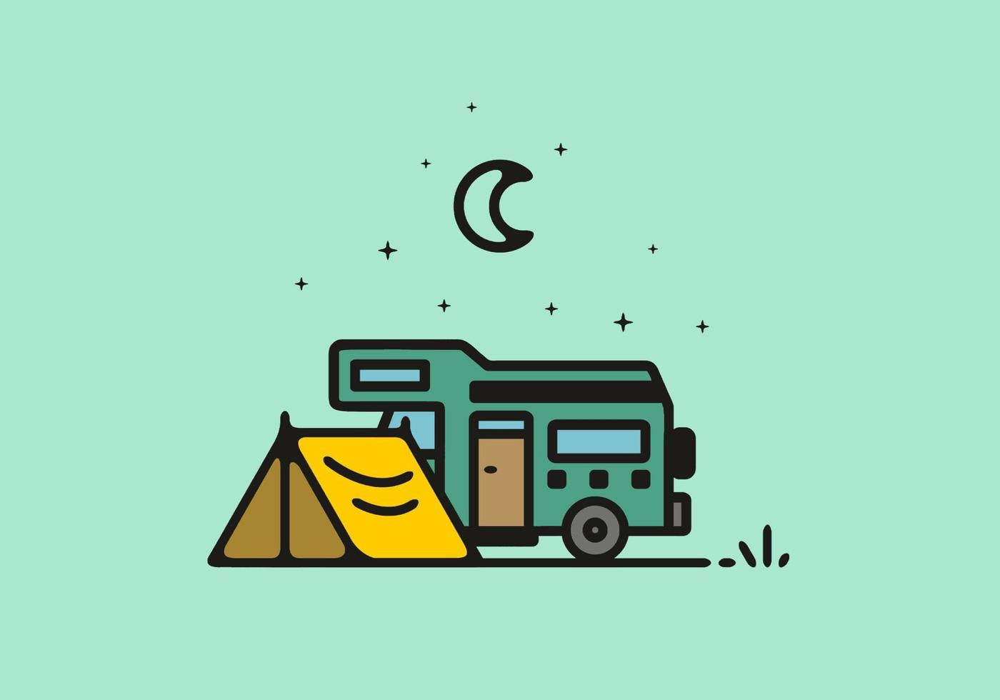 campeggio con illustrazione di arte al tratto di camper vettore