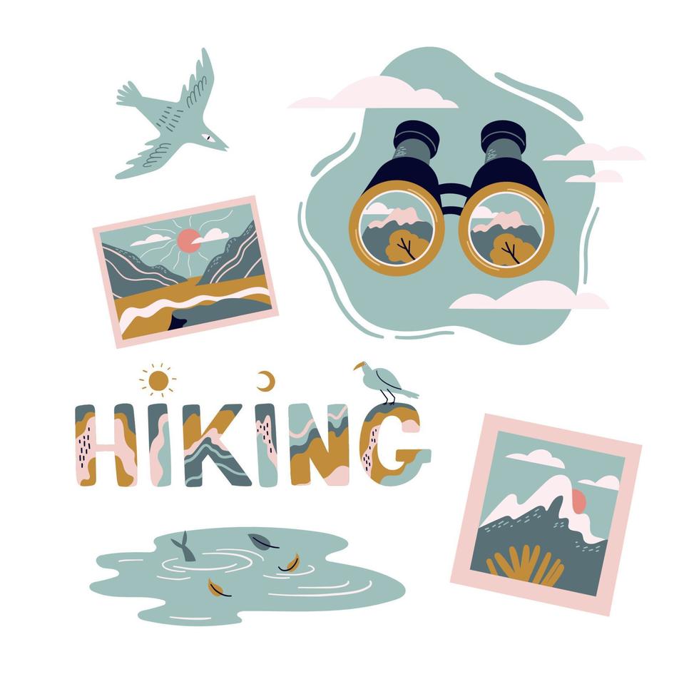 campeggio trekking, trekking e backpacking. composizione con binocolo, scritte e scatti fotografici con paesaggio vettore
