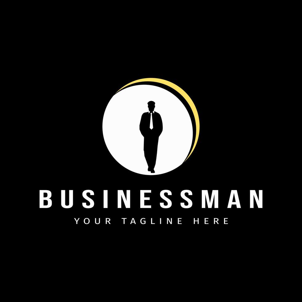 un'ispirazione per un design del logo di un imprenditore di successo. giovane uomo d'affari di successo silhouette logo design ispirazione con cornice circolare vettore
