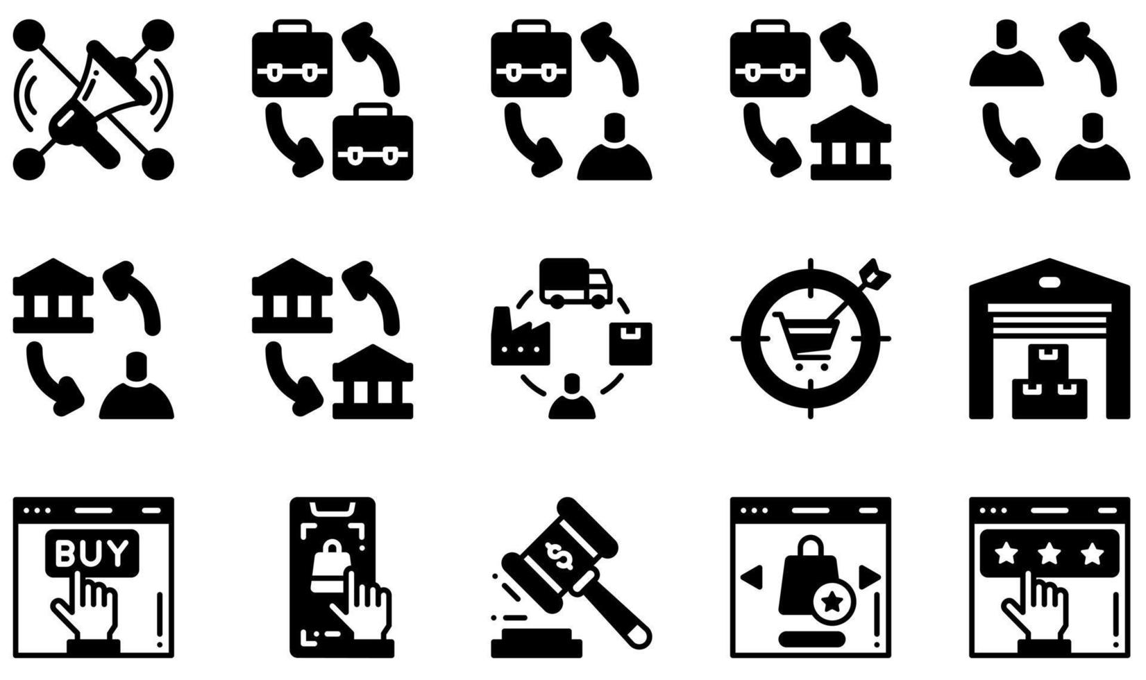 set di icone vettoriali relative all'e-commerce. contiene icone come socialmarketing, b2b, b2c, supply chain, magazzino, qualità e altro ancora.